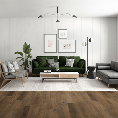 cream patterned carpet in living room with vinyl plank flooring