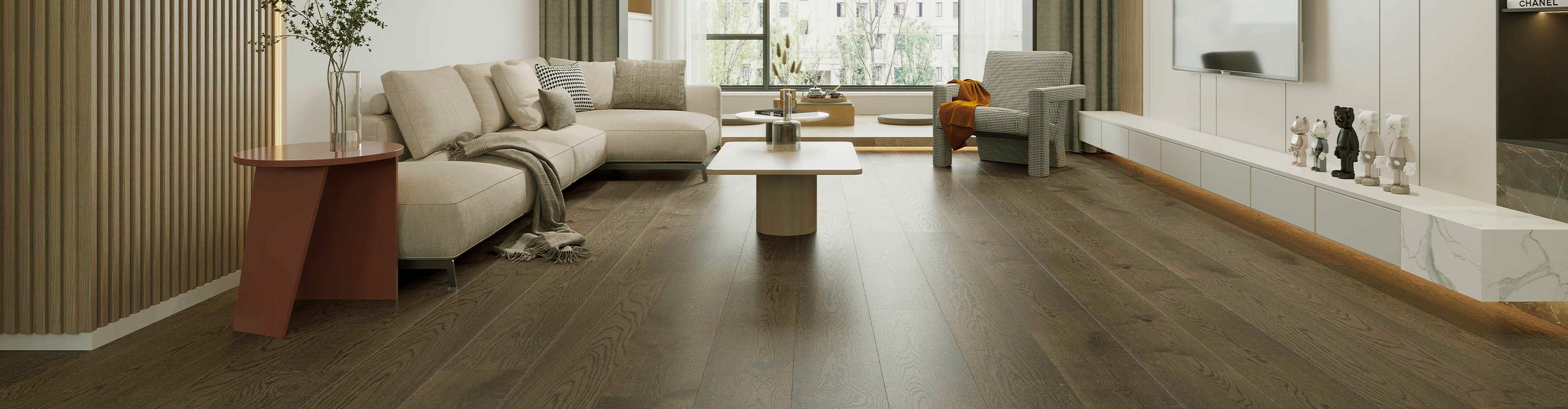 dark hardwood flooring in living room area