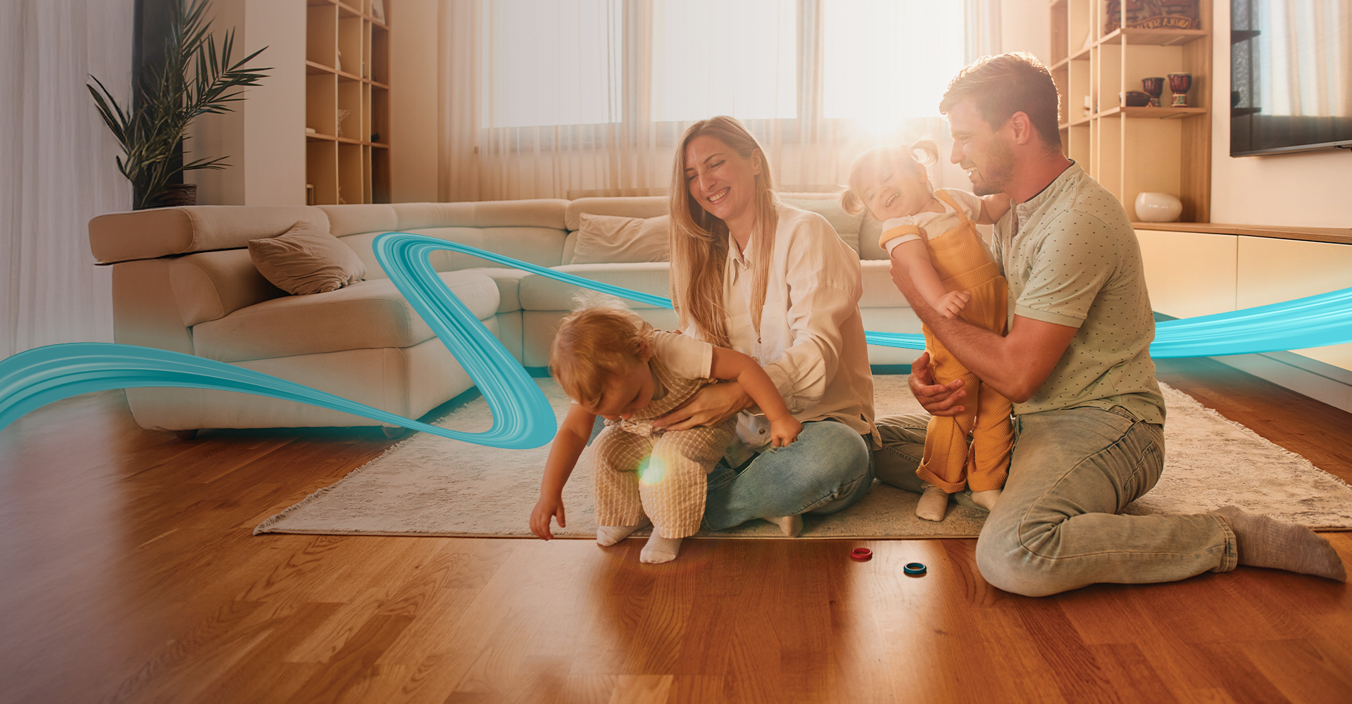 Woman sitting on a hardwood floor with a coffee mug in her hand.